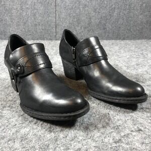 Born Ankle Booties Womens 8.5 M Black Leather Harness Strap Block Heel Boots